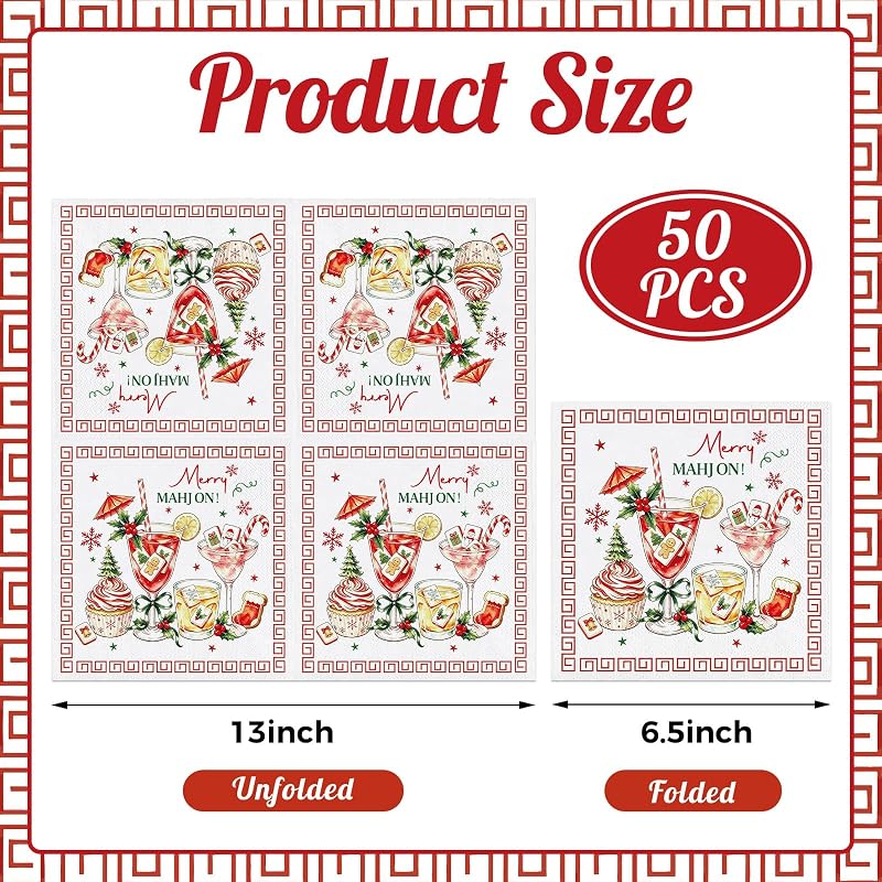 Merry Christmas Mahjong Napkins 50 Pk, 6.5 Inch - Variation: Christmas Mahjong