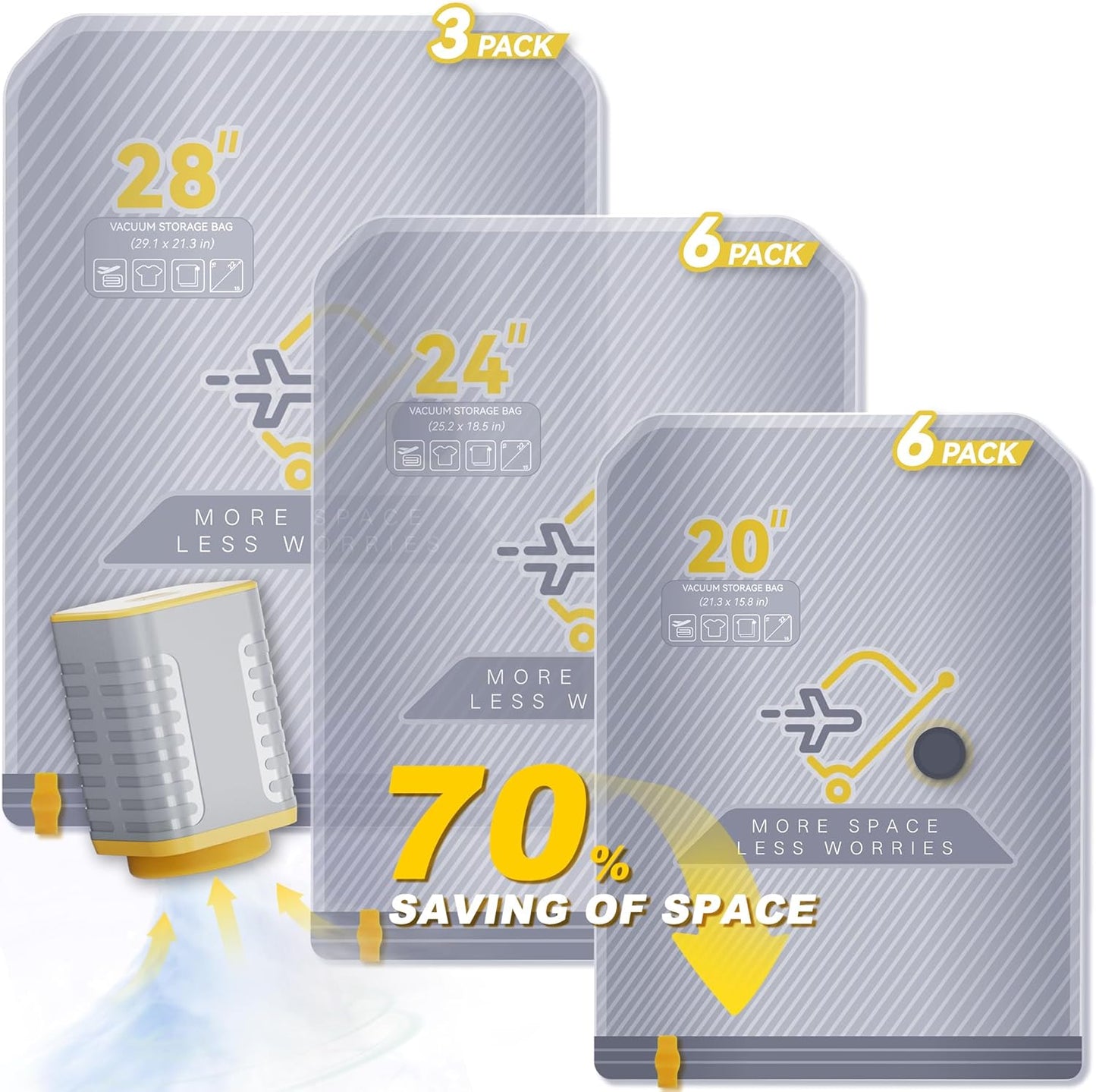 Skiennix 15-Pack Vacuum Bags - Space-Saving Compression Packing Bags with Wireless Pump | Travel Size