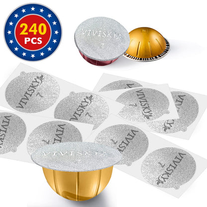 VIVI SKY 240Pcs Aluminum Foil Lids for Reusable Nespresso Pods Vertuoline, Coffee pods Seals Sticker Covers Compatible with Nespresso Vertuoline Pods Reusable Pods Refillable Capsules (240 Pack)