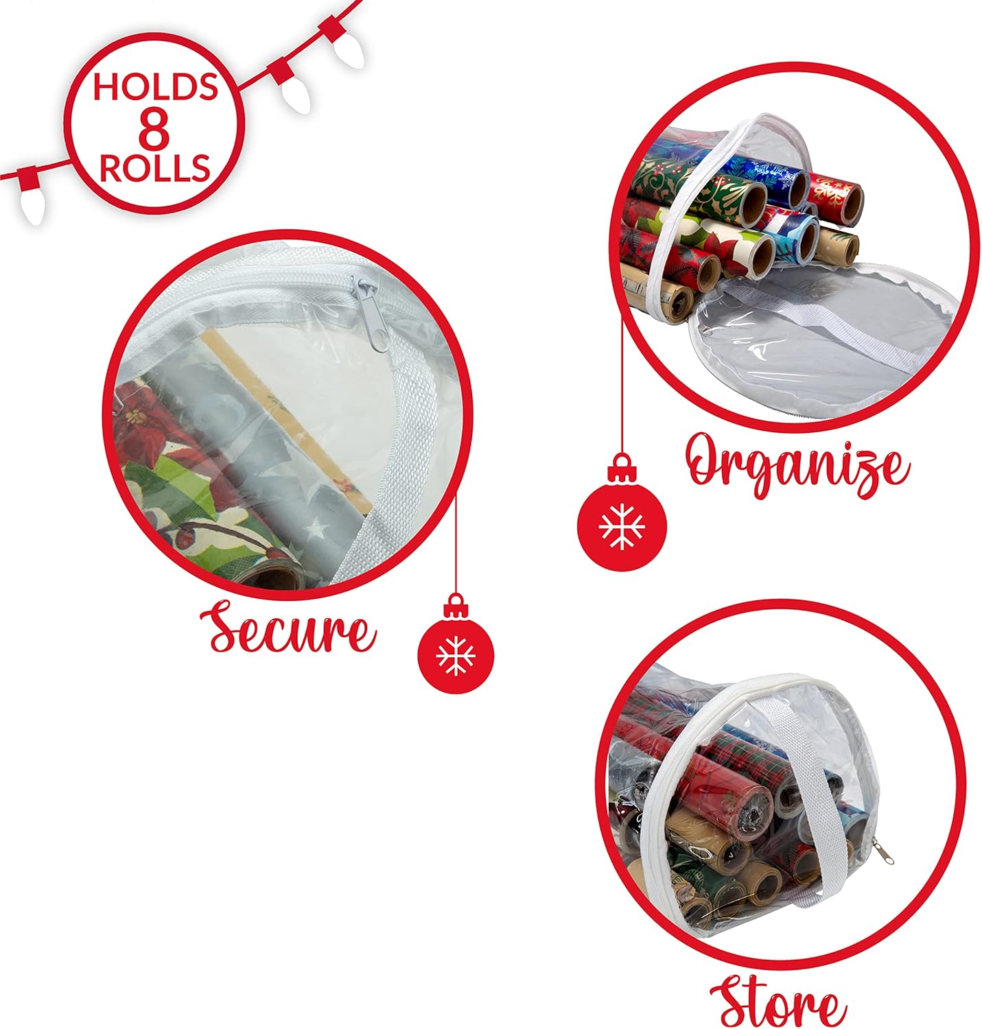 Simplify Clear Gift Wrap Storage Bag - Holds 30" Long Wrapping Paper Rolls | Zipper Closure | Easy Carry Hangers | Red
