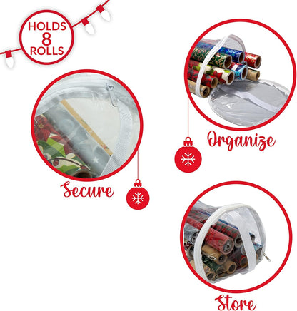 Simplify Clear Gift Wrap Storage Bag - Holds 30" Long Wrapping Paper Rolls | Zipper Closure | Easy Carry Hangers | Red