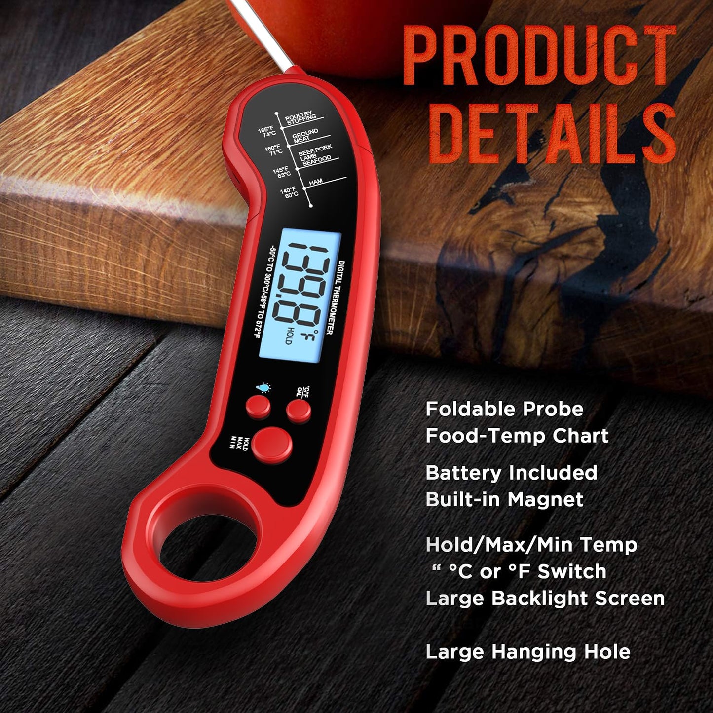 Meat Thermometer Digital - Instant Read Waterproof Food Thermometer for Grill, BBQ & Cooking