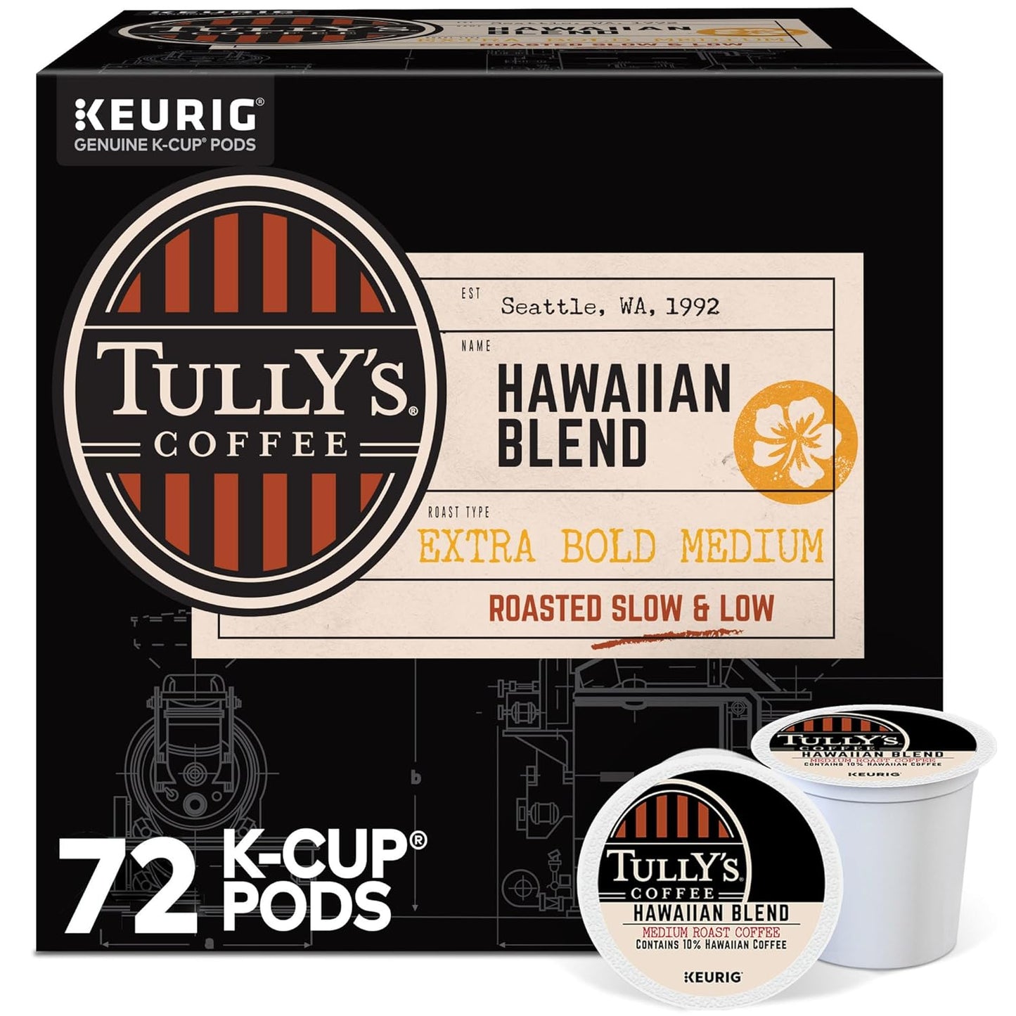 Tully's Coffee Hawaiian Blend K-Cup Pods - Medium Roast, 72 Count | Perfect for Keurig Machines