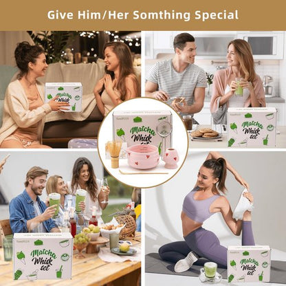 YumiPLUS 5pcs Premium Matcha Set,Ceramic Bowl with Spout and Bamboo Whisk set, Ceremonical Matcha Kit for breakfast/latte,Tea Starter Making Kit,Unique Matcha Gift set (pink love)