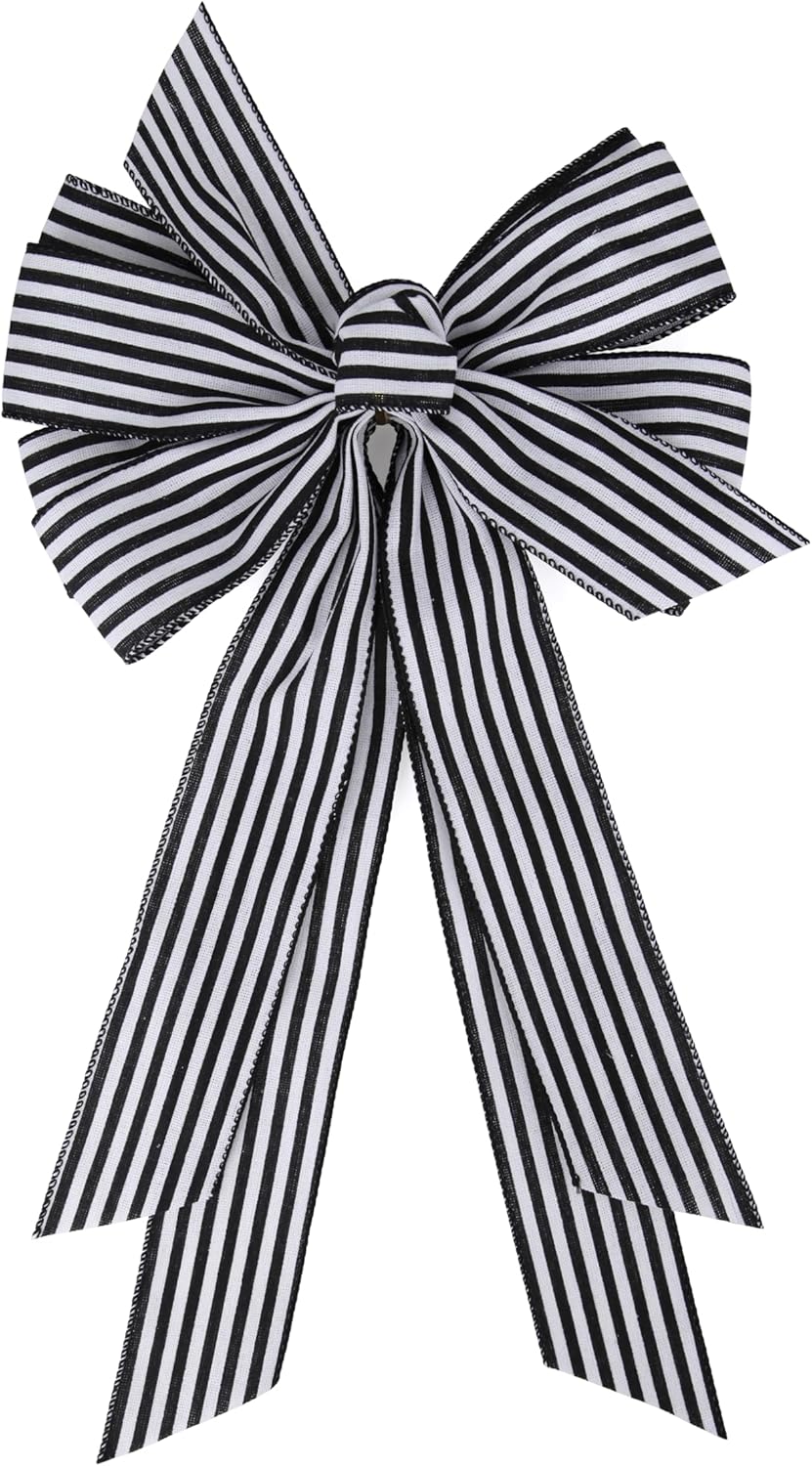 Meseey Large Black and White Striped Ribbon Bow - 20 x 11 Inch Farmhouse Wreath Decor & Tree Topper