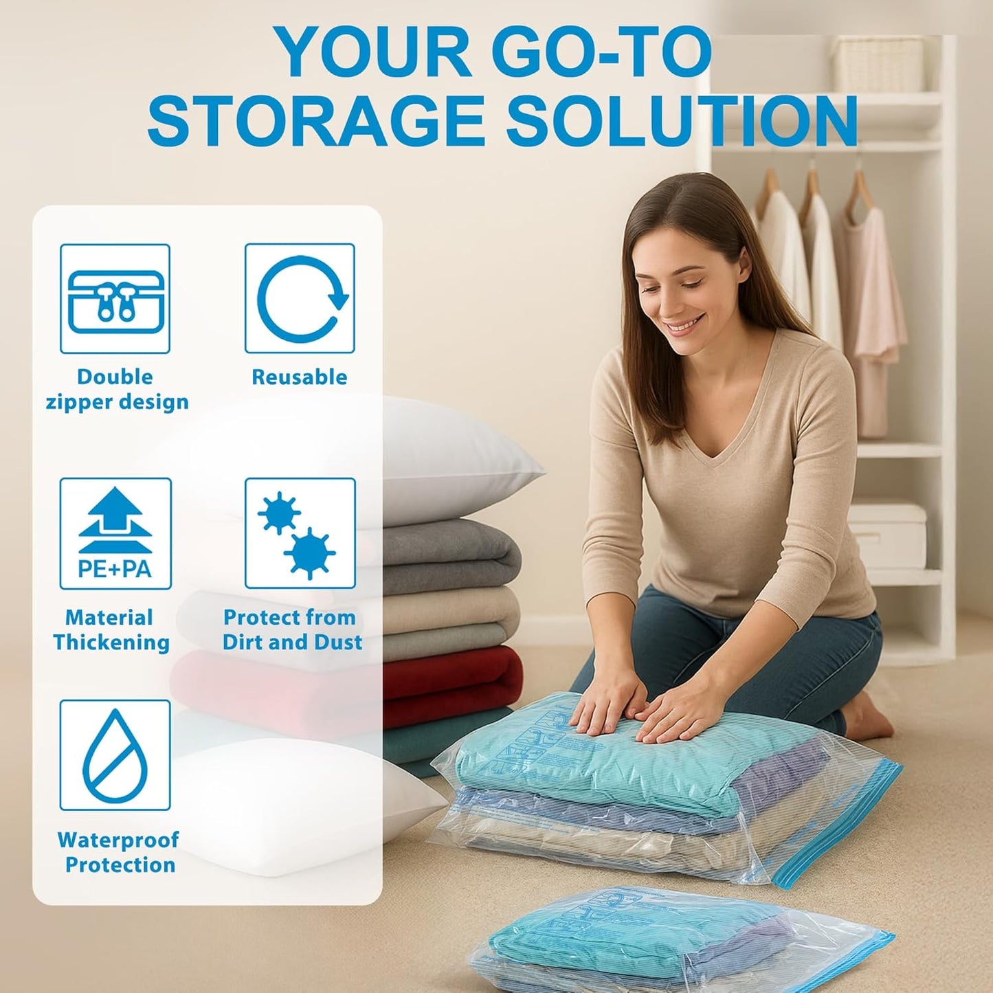 Skiennix Vacuum Seal Bags - 12 Pack Clothing Storage Bags with Portable Electric Pump | Space Saver for Travel