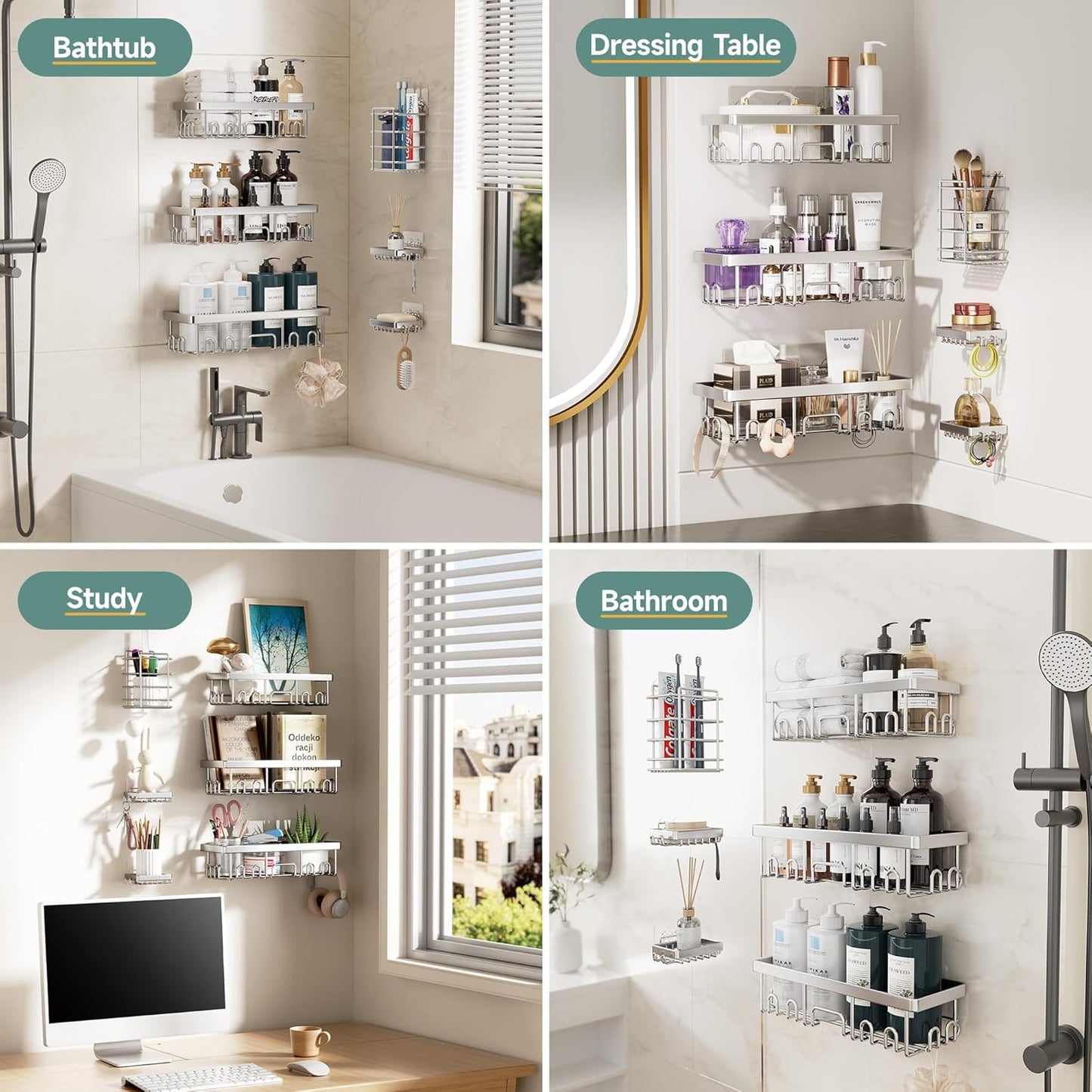 Veken Shower Caddy - Large Wall Mounted Organizer with Soap Dish & Toothbrush Holder | Silver 6-Pack