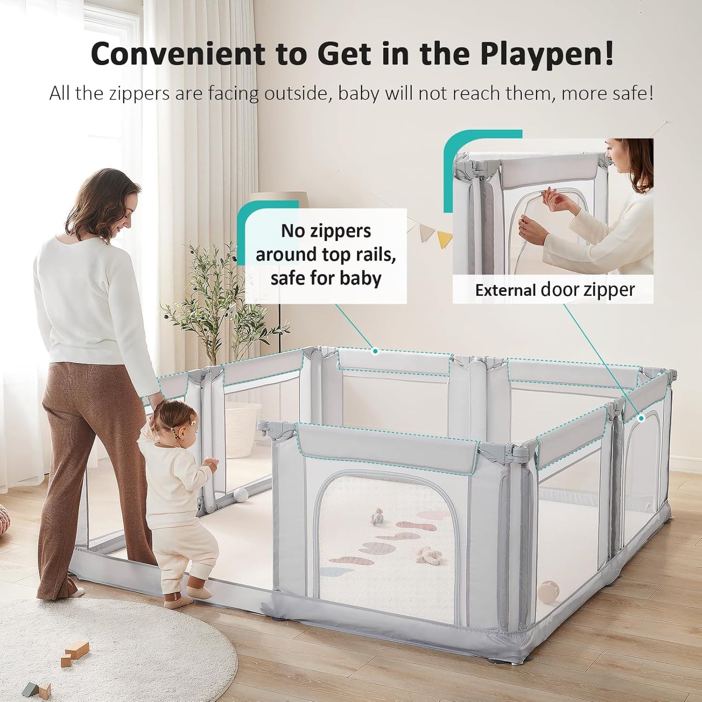 Doradotey Baby Playpen - Adjustable Large Playard for Infants & Toddlers | Foldable Indoor Mesh Fence, Light Grey 180x200x68cm