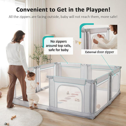 Doradotey Baby Playpen - Adjustable Large Playard for Infants & Toddlers | Foldable Indoor Mesh Fence, Light Grey 180x200x68cm