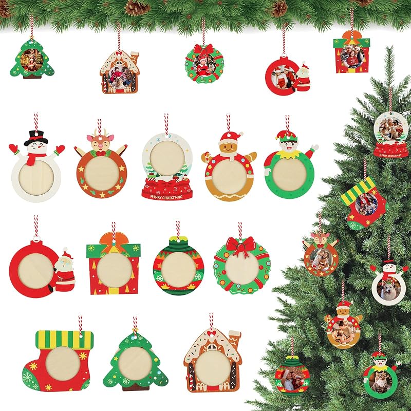 Wooden Christmas Photo Frame Ornaments – 12 Pack Easy-Load Keepsake Frames for Tree