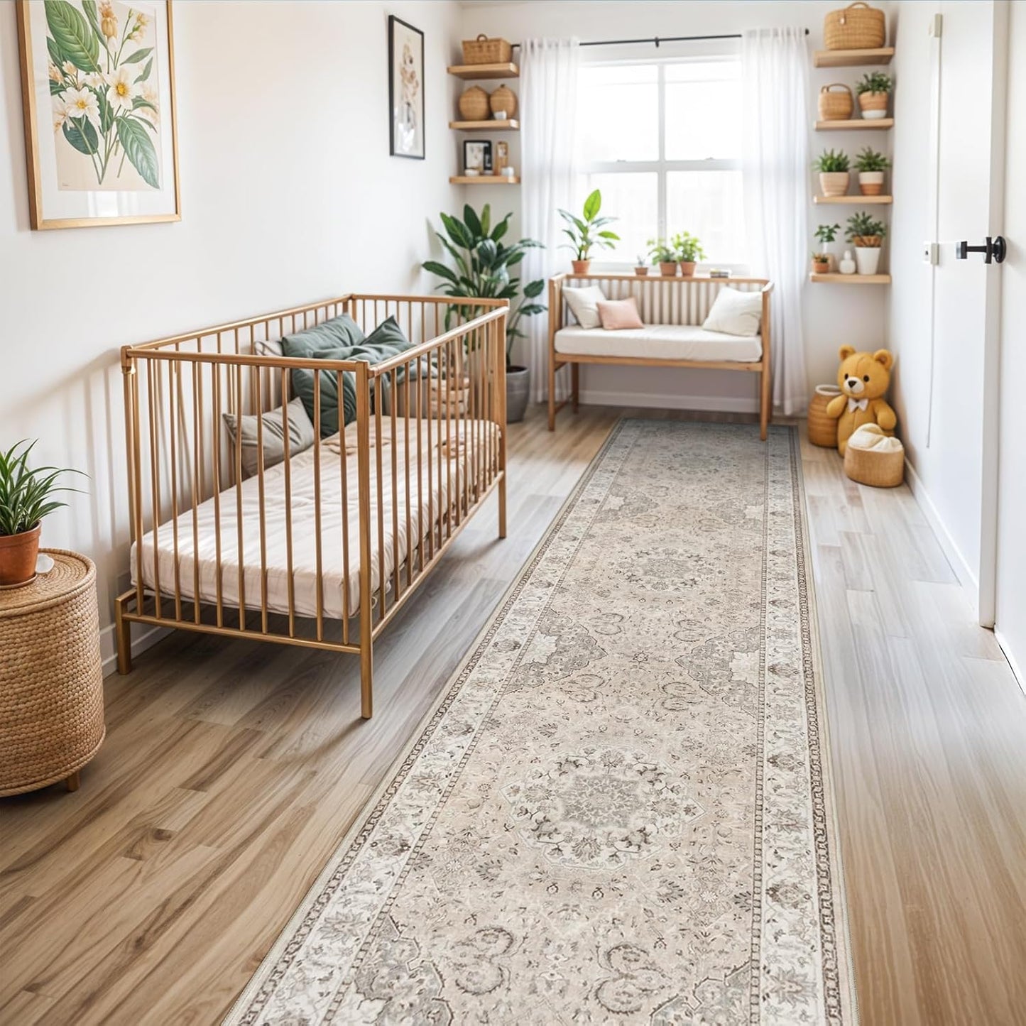 Regine Switzerland Washable Hallway Runner Rug - Vintage Non-Slip Soft Carpet | Beige 3x12 for Entryway & Living Room