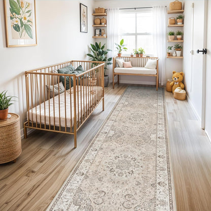 Regine Switzerland Washable Hallway Runner Rug - Vintage Non-Slip Soft Carpet | Beige 3x12 for Entryway & Living Room