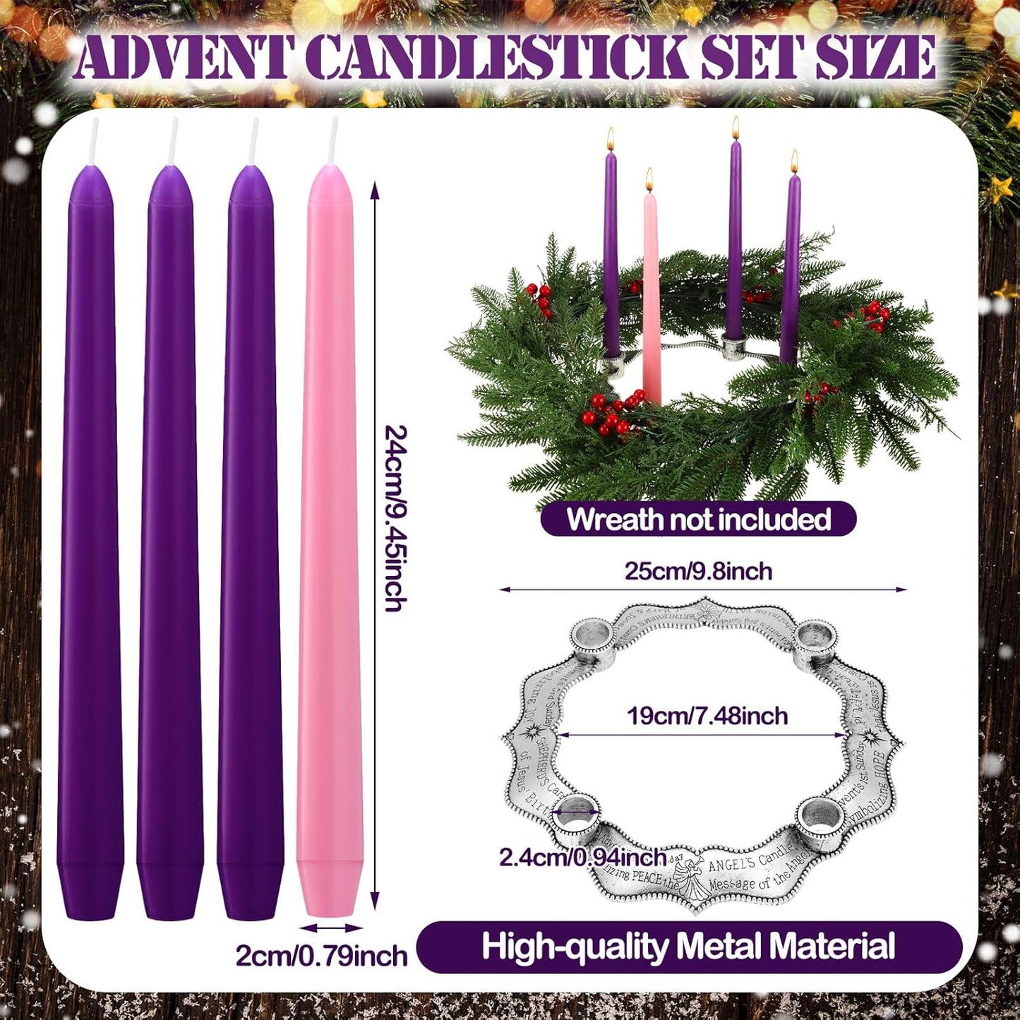 Mumufy Advent Candle Holder Set - 5 Pcs Metal Nativity Christmas Centerpiece with Purple & Pink Candles