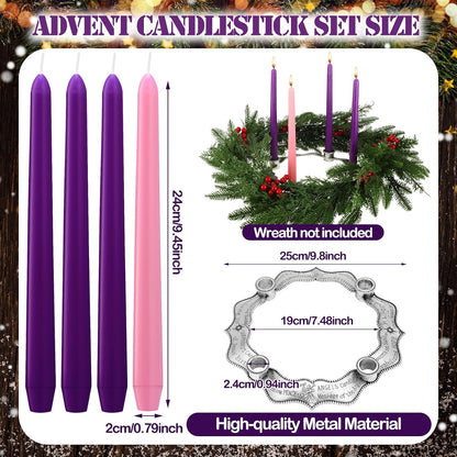 Mumufy Advent Candle Holder Set - 5 Pcs Metal Nativity Christmas Centerpiece with Purple & Pink Candles