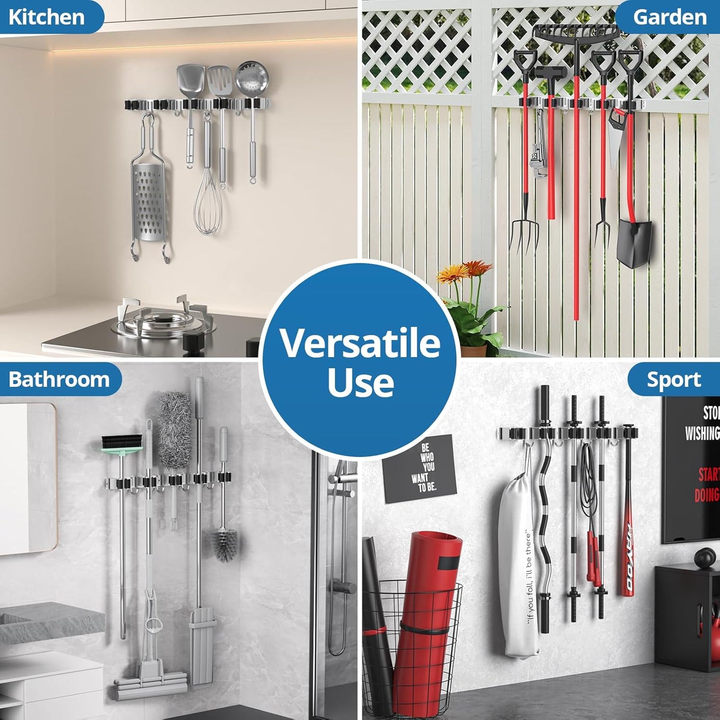Skiennix Broom Holder - Heavy Duty Wall Mount Organizer with 5 Racks & 4 Hooks | Ideal for Kitchen, Garden, Garage