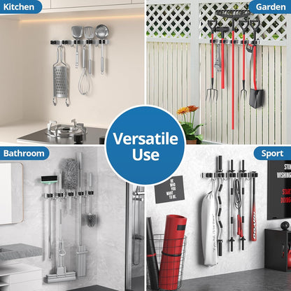 Skiennix Broom Holder - Heavy Duty Wall Mount Organizer with 5 Racks & 4 Hooks | Ideal for Kitchen, Garden, Garage
