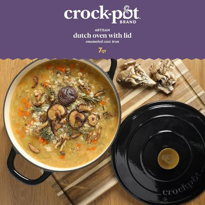 Crock Pot Artisan 7-Quart Round Cast Iron Dutch Oven - Durable Black Enamel Finish with Gold Knob