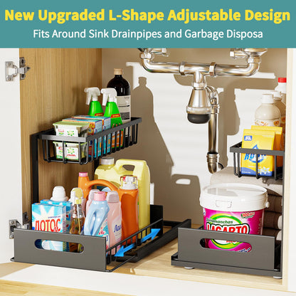Prlsca Under Sink Organizer, Pull Out Cabinet Organizer 2-Tier Pull Out Sink Shelf Cabinet Storage Shelves, Under Sink Storage for Kitchen Bathroom Cabinet (2 PACK)