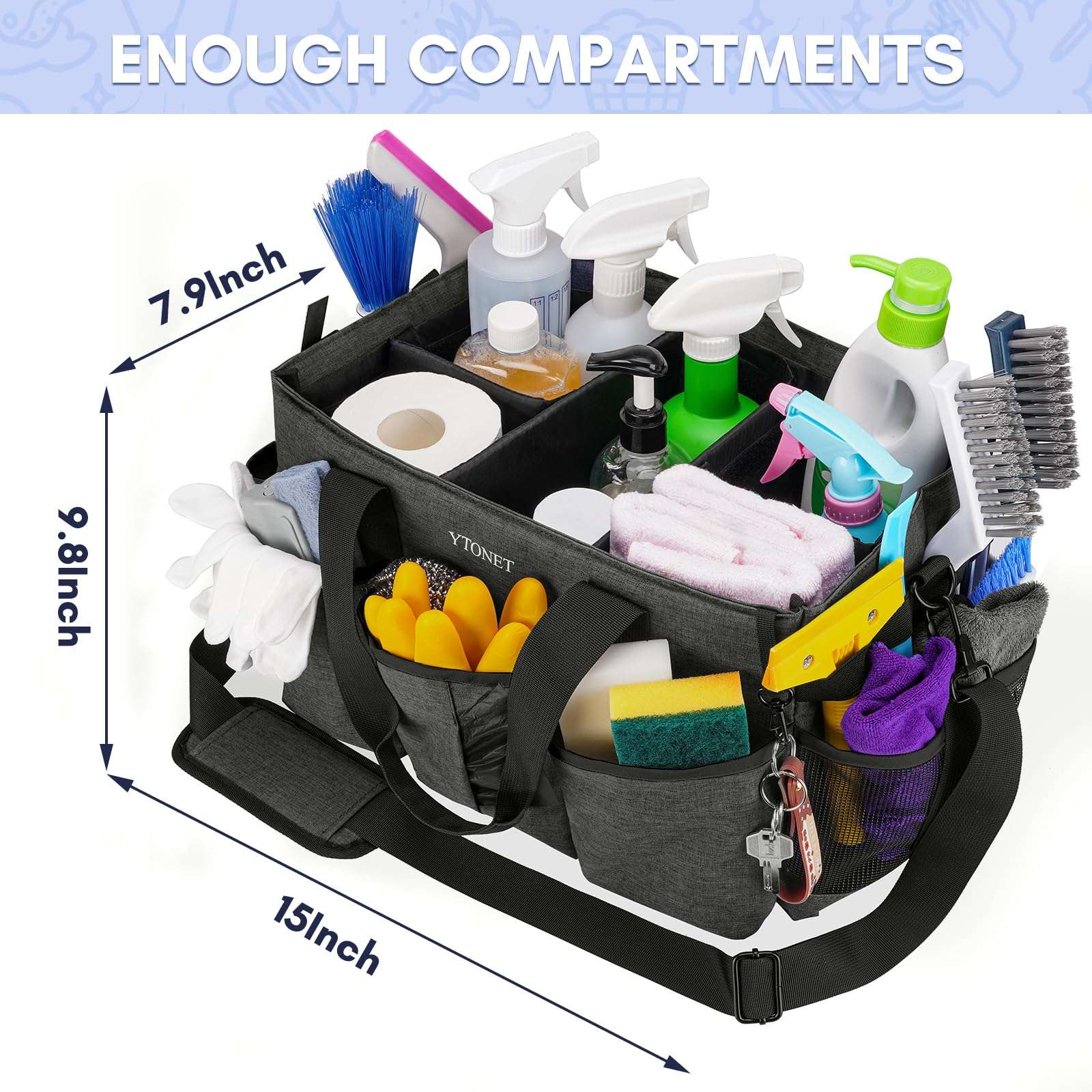 Ytonet Wearable Cleaning Caddy Bag, Large Cleaning Supplies Organizer with 4 Foldable Dividers, Caddy Organizer with Handle & Shoulder Strap & Waist Strap for Cleaners & Housekeepers, Black Grey