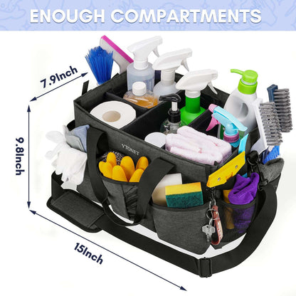 Ytonet Wearable Cleaning Caddy Bag, Large Cleaning Supplies Organizer with 4 Foldable Dividers, Caddy Organizer with Handle & Shoulder Strap & Waist Strap for Cleaners & Housekeepers, Black Grey
