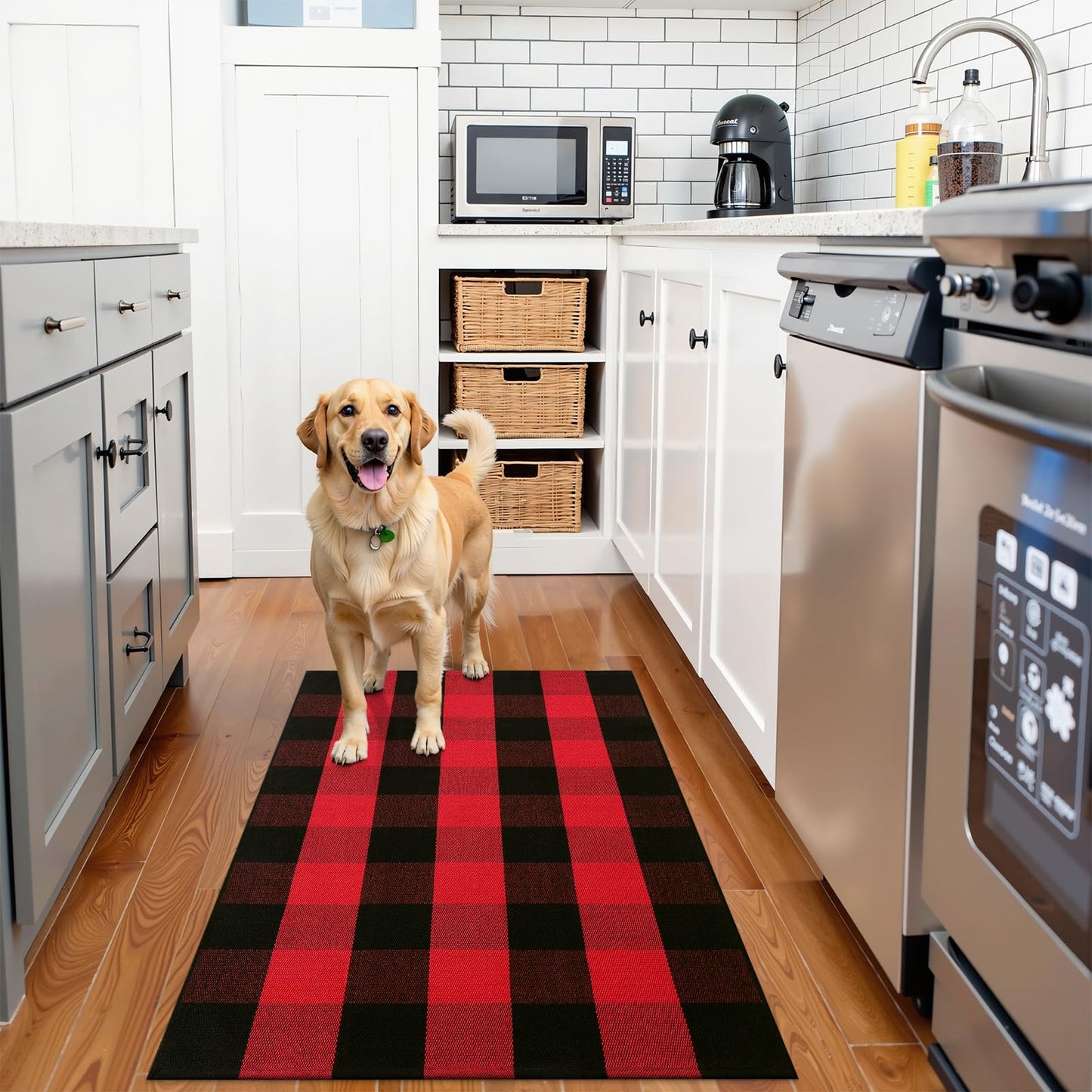 OLANLY Buffalo Plaid Rug 2'4" x 3'7" (27.5" x 43") – Red and Black Cotton Checkered Doormat, Washable Indoor Outdoor Rug for Layered Front Porch, Kitchen, Entryway Decor