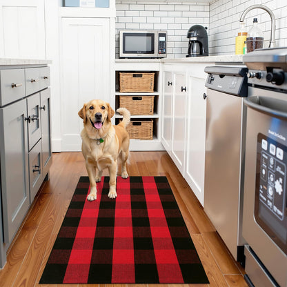 OLANLY Buffalo Plaid Rug 2'4" x 3'7" (27.5" x 43") – Red and Black Cotton Checkered Doormat, Washable Indoor Outdoor Rug for Layered Front Porch, Kitchen, Entryway Decor