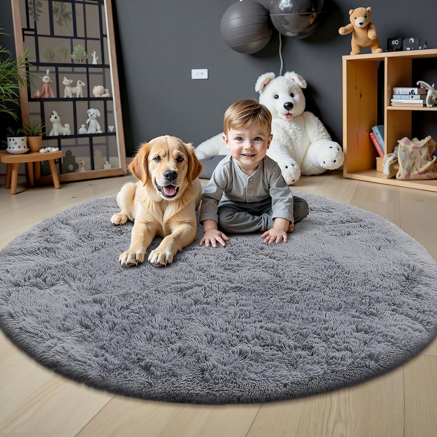OLANLY Round Light Grey Area Rug - Soft, Fluffy, Machine Washable 4 ft Circle Carpet for Bedroom & Living Room