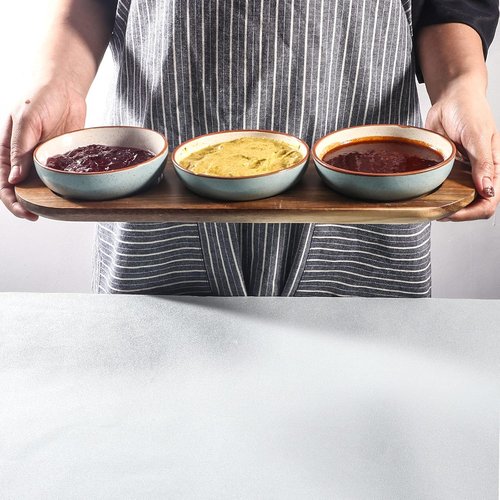 Artena 6oz Turquoise Ceramic Chips and Dip Platter - Acacia Wooden Tray & 4.5" Dipping Bowls