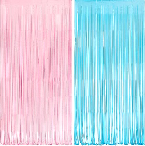 GREATRIL Photo Backdrop - Pink & Blue Foil Fringe Tinsel Streamers for Parties | 3.2ft X 8.2ft - 2 Packs