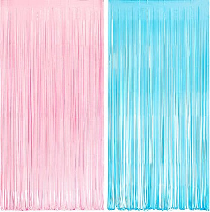 GREATRIL Photo Backdrop - Pink & Blue Foil Fringe Tinsel Streamers for Parties | 3.2ft X 8.2ft - 2 Packs