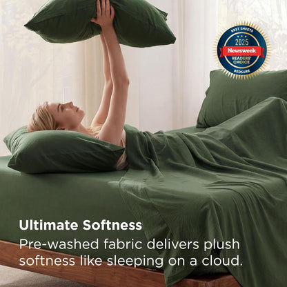 Bedsure Deep Pocket Queen Sheets - Ultra-Soft 6-Piece Bedding Set, Fits Mattresses Up to 18", Olive Green