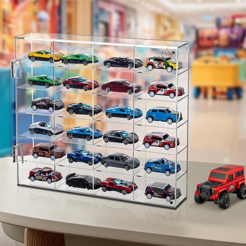 JUESHA Acrylic Display Case - Hot Wheels Storage for 1/64 Scale Cars | 6 Levels, 24 Slots, Clear Organizer