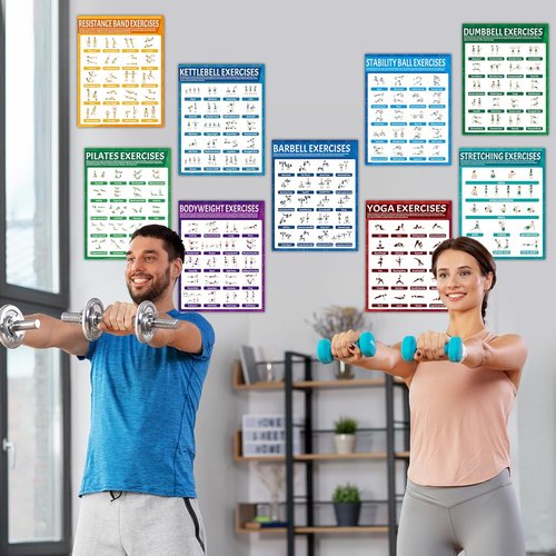 9Pcs Fitness Poster Set by [Brand Name] - Workout Charts for Dumbbells, Kettlebells & Yoga | Home Gym Decor