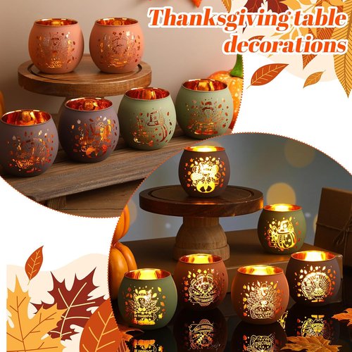 Jingmore Thanksgiving Votive Candle Holders - Set of 6 Flameless Turkey Tea Lights for Fall Decor