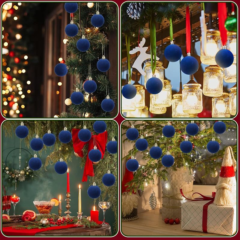 Menkxi 15 Pcs Blue Velvet Christmas Ornaments Ball 1.97'' - With Gold Buckle & Ribbon (Variation: Blue+15+Flocking Ball)