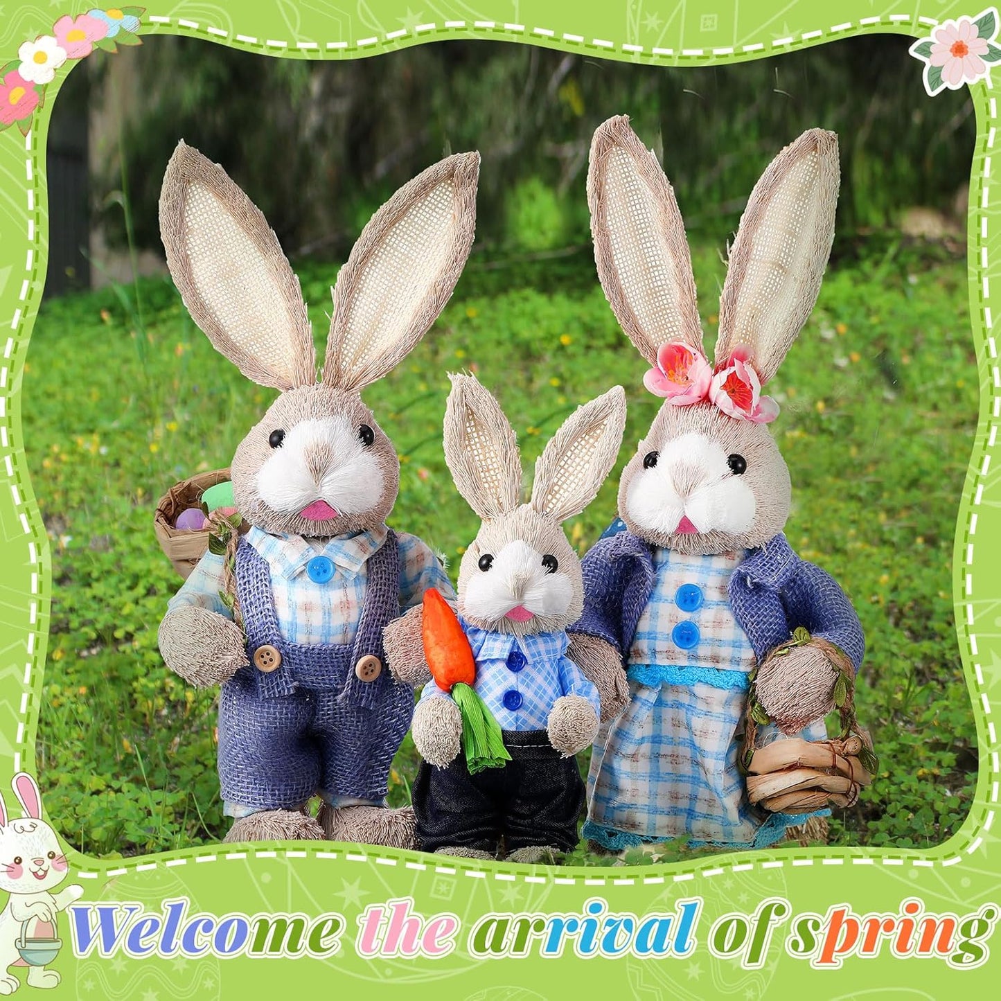 Wesiti Easter Bunny Decorations - Set of 3 Natural Sisal Figurines | 13.8" & 9.8" for Spring Home Decor