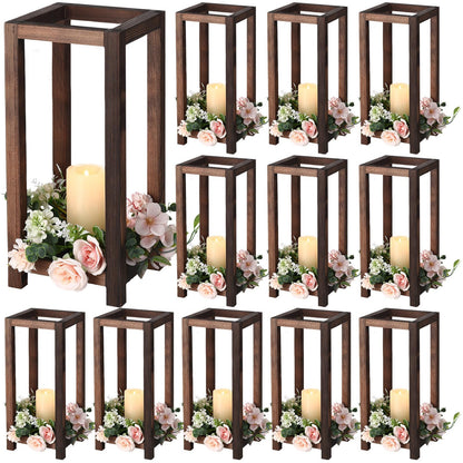 12 Pcs Wooden Wedding Lantern Centerpiece Integrated Rustic Wedding Candle Holders for Rustic Wedding Table Decoration Farmhouse Candle Lantern for Table Fireplace Wedding (12.99 Inch High)