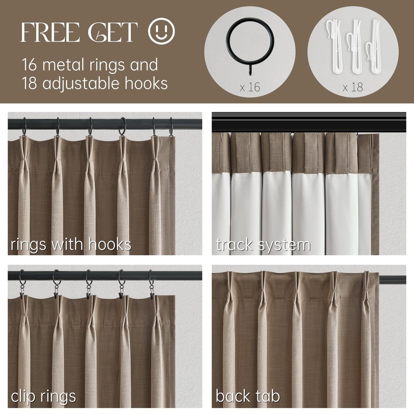 Topfinel Extra Long Total Blackout Linen Curtains 108 Inches Long for Living Room Large Window with Hooks Rings, Pinch Pleated Cold Blocking Acoustic Heavy Taupe Track Curtains 2 Panels 9 FT