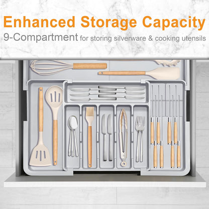 Silverware Drawer Organizer - Adjustable Utensil Holder with Knife Block | BPA-Free Expandable Storage (Grey)