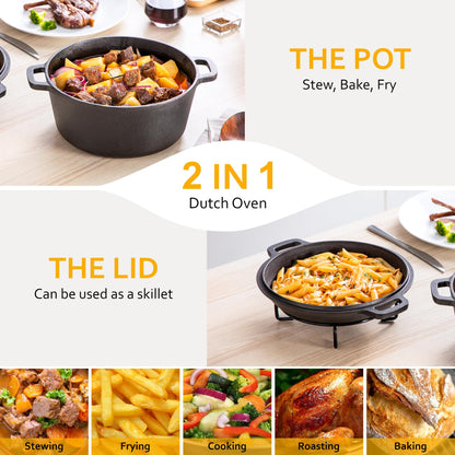 Velaze Cast Iron Dutch Oven Pot with Skillet Lid, 2-in-1 Pre-Seasoned Dual Handle Cast Iron Pan for Bread Baking, Frying, and Camping - Black 5QT