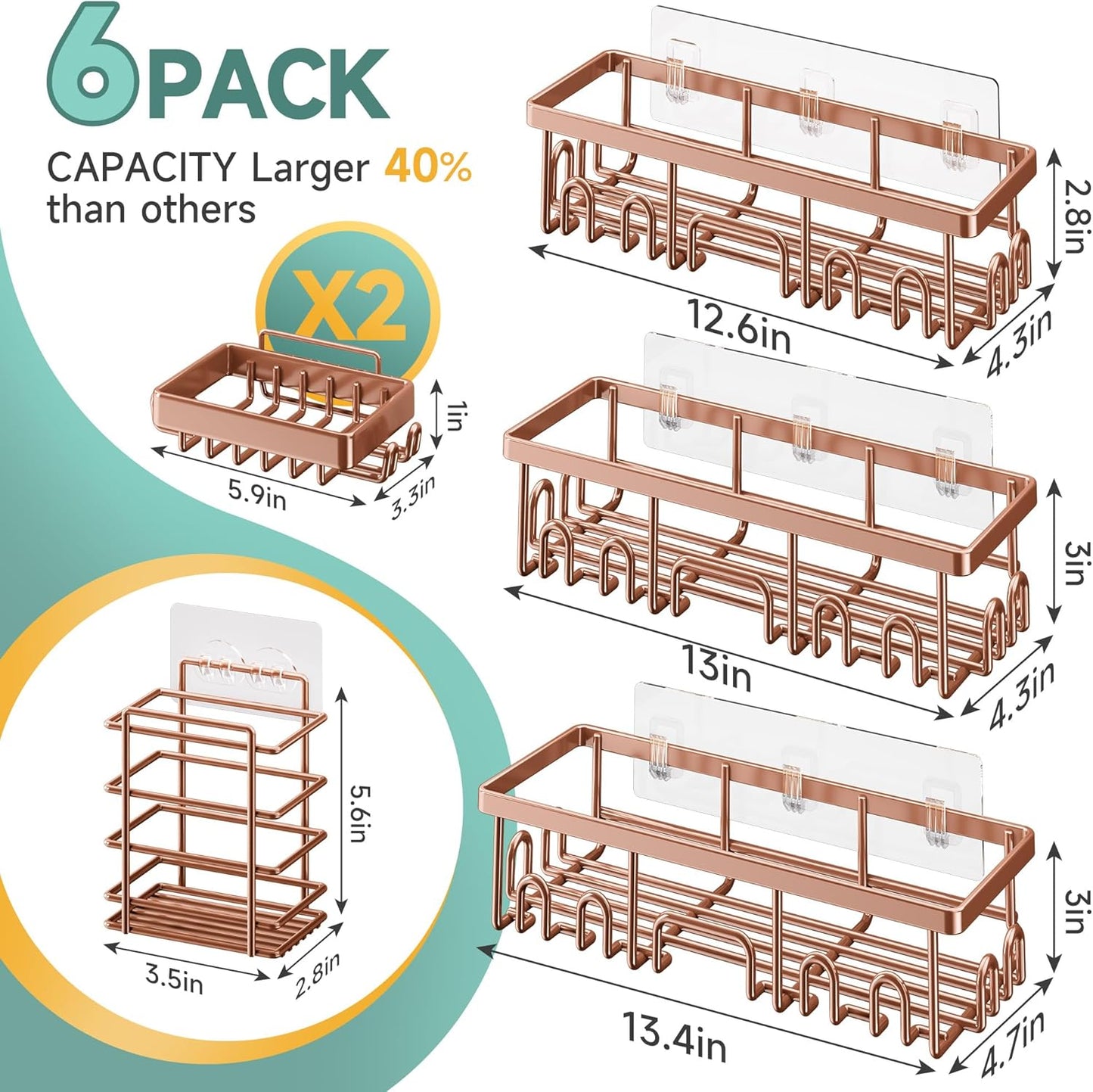 Veken Shower Caddy - 6-Pack Waterproof Adhesive Shelves | No Drilling, Rustproof, Large Capacity - Rose Gold