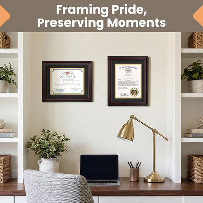 upsimples Diploma Frame 8.5 x 11 with Mat, Certificate Degree Document Frame, Displays Diploma Frame 11x14 without Mat, Classic Wood Grain with Gold Beading, Includes Black & Gold Mats, 1 Pack