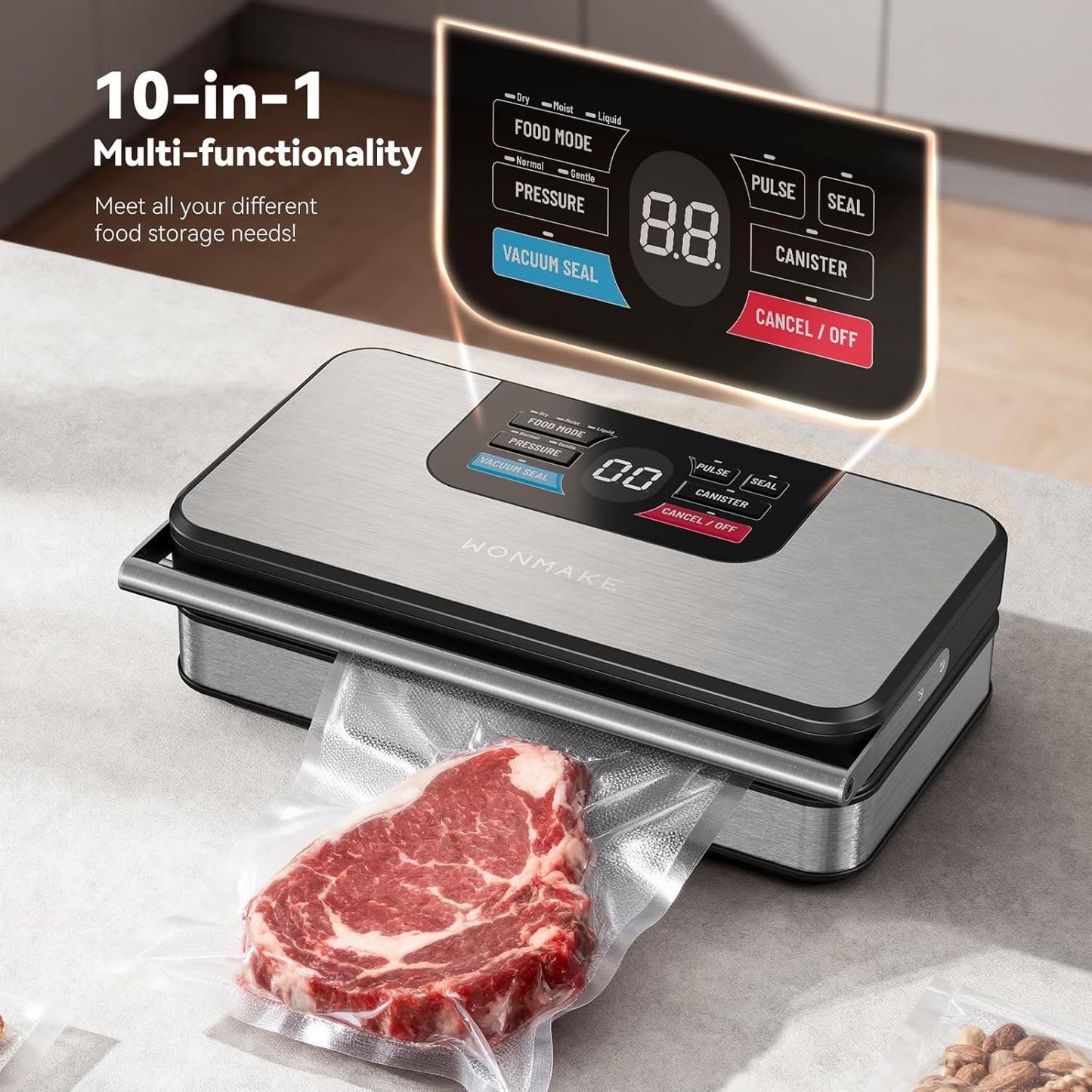 Skiennix Vacuum Sealer - Powerful 95kPa Fully Automatic 10-in-1 Machine with Built-in Cutter & Digital Display