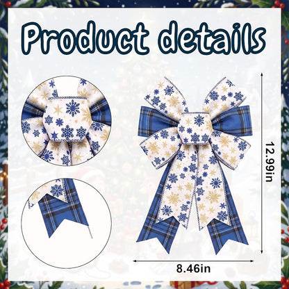 2 Pack Blue Burlap Christmas Wreath Bows - Snowflake & Plaid Decor Style1
