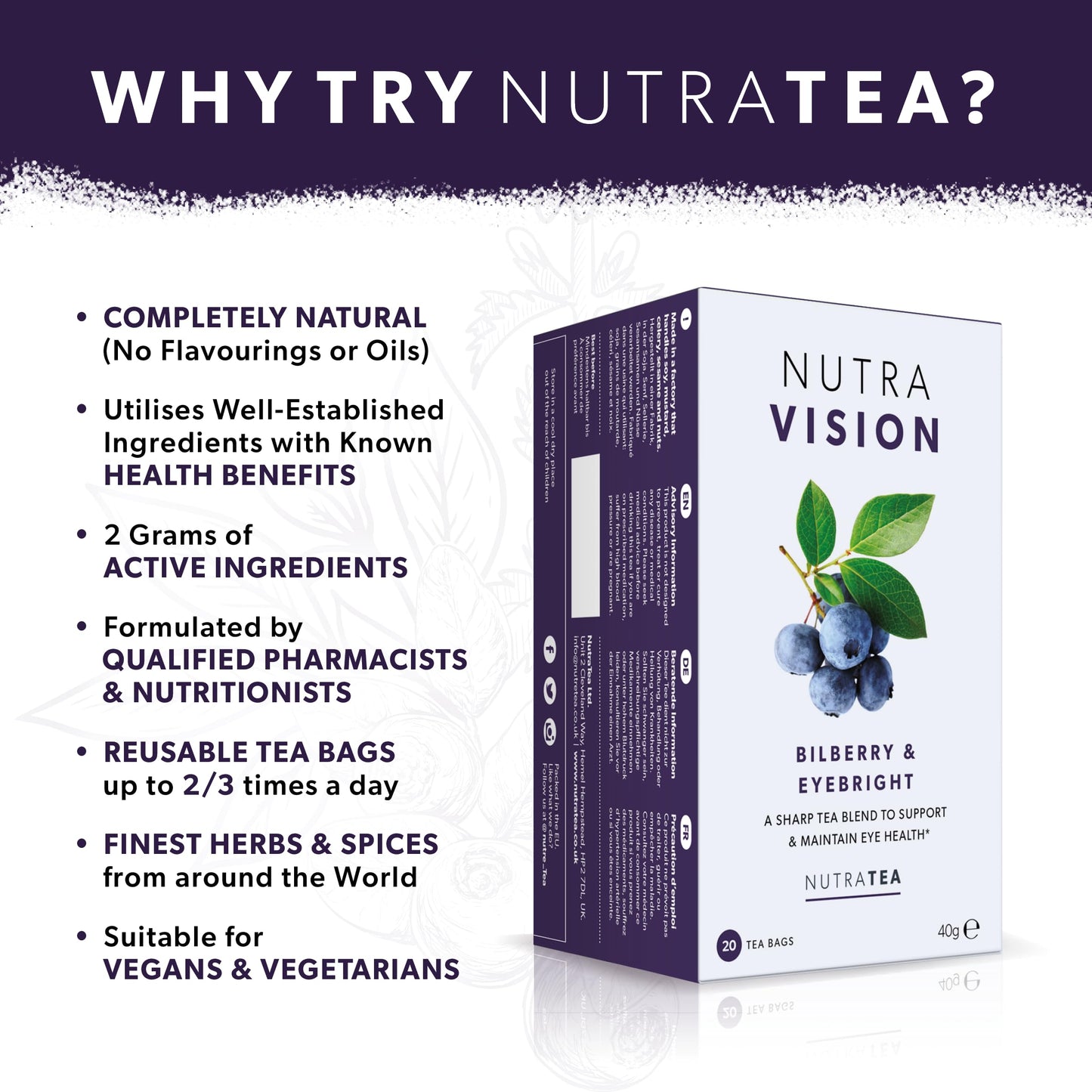 NUTRAVISION - Eye Health Tea – Includes Bilberry & Eyebright - For general and age-related eye health - 40 Enveloped Tea Bags - by Nutra Tea - Herbal Tea - (2 Pack)