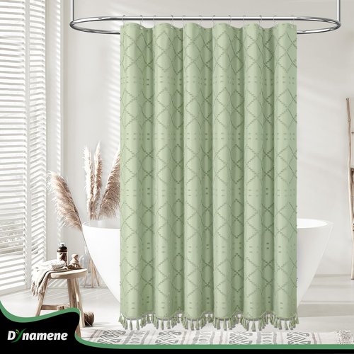 Dynamene sage Green Fabric Shower Curtain, Boho Tufted Geometric Striped Tassel Shower Curtain for Bathroom, Shabby Chic Modern Farmhouse Waterproof Cloth Shower Curtain Set, Wrinkle Free, 72x72