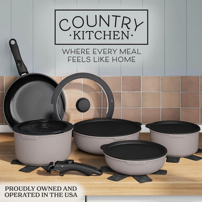 Country Kitchen Cookware Set - Removable Handle, Oven & RV Safe Pots and Pans, Grey/Black