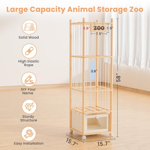 upsimples 58in Stuffed Animal Storage with Drawer and Wheels, Natural Wood Large Capacity Plushies Holder & Organizer for Bedroom Corner