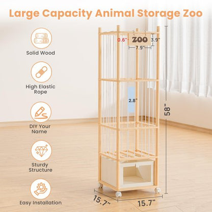 upsimples 58in Stuffed Animal Storage with Drawer and Wheels, Natural Wood Large Capacity Plushies Holder & Organizer for Bedroom Corner