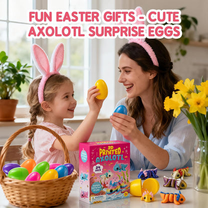 Skiennix Easter Basket Stuffers - 24 Pack Prefilled Easter Eggs with 3D Printed Axolotl Toys - Fun Mini Animal Fidget Figures for Toddlers